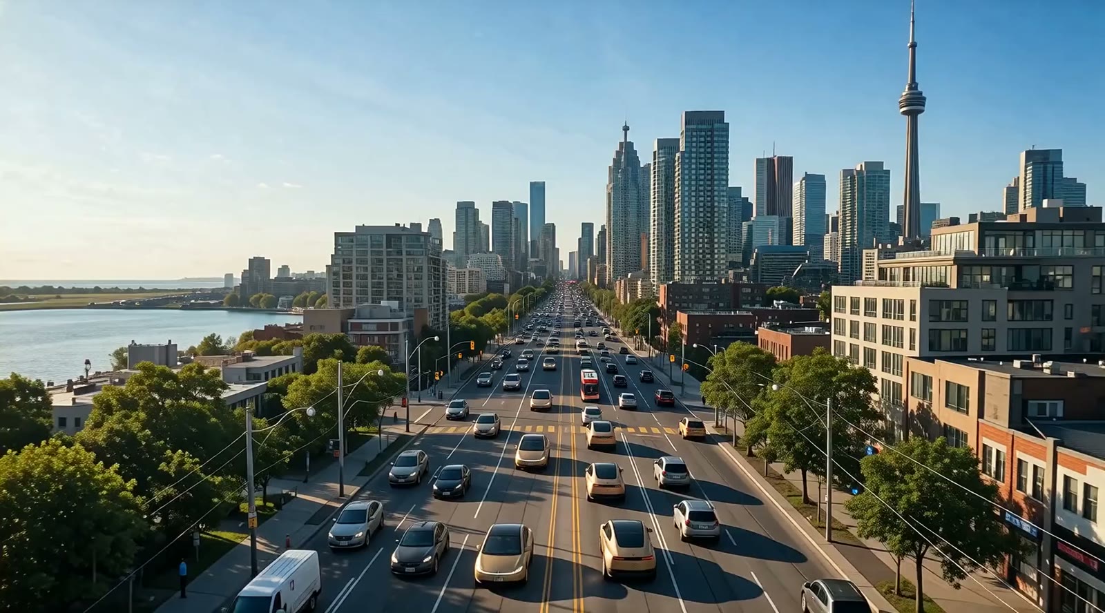 High over downtown Toronto on a golden morning, gold Cybercabs among the traffic on a lakefront boulevard.