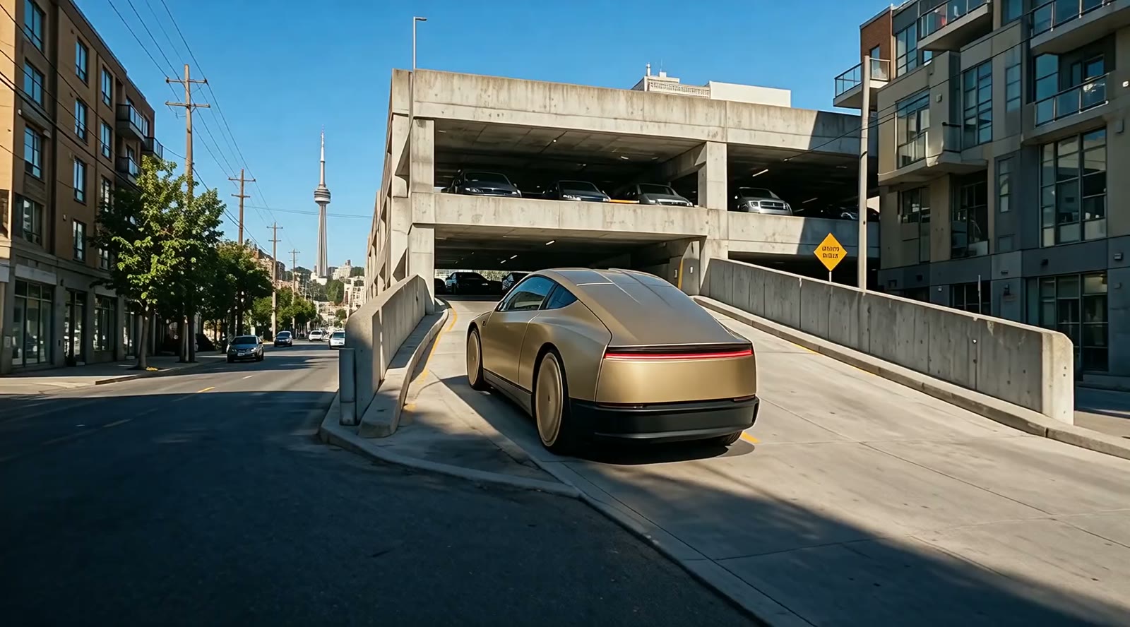 Close behind one gold Cybercab as it drives up the entry ramp of a multi-storey concrete parkade.