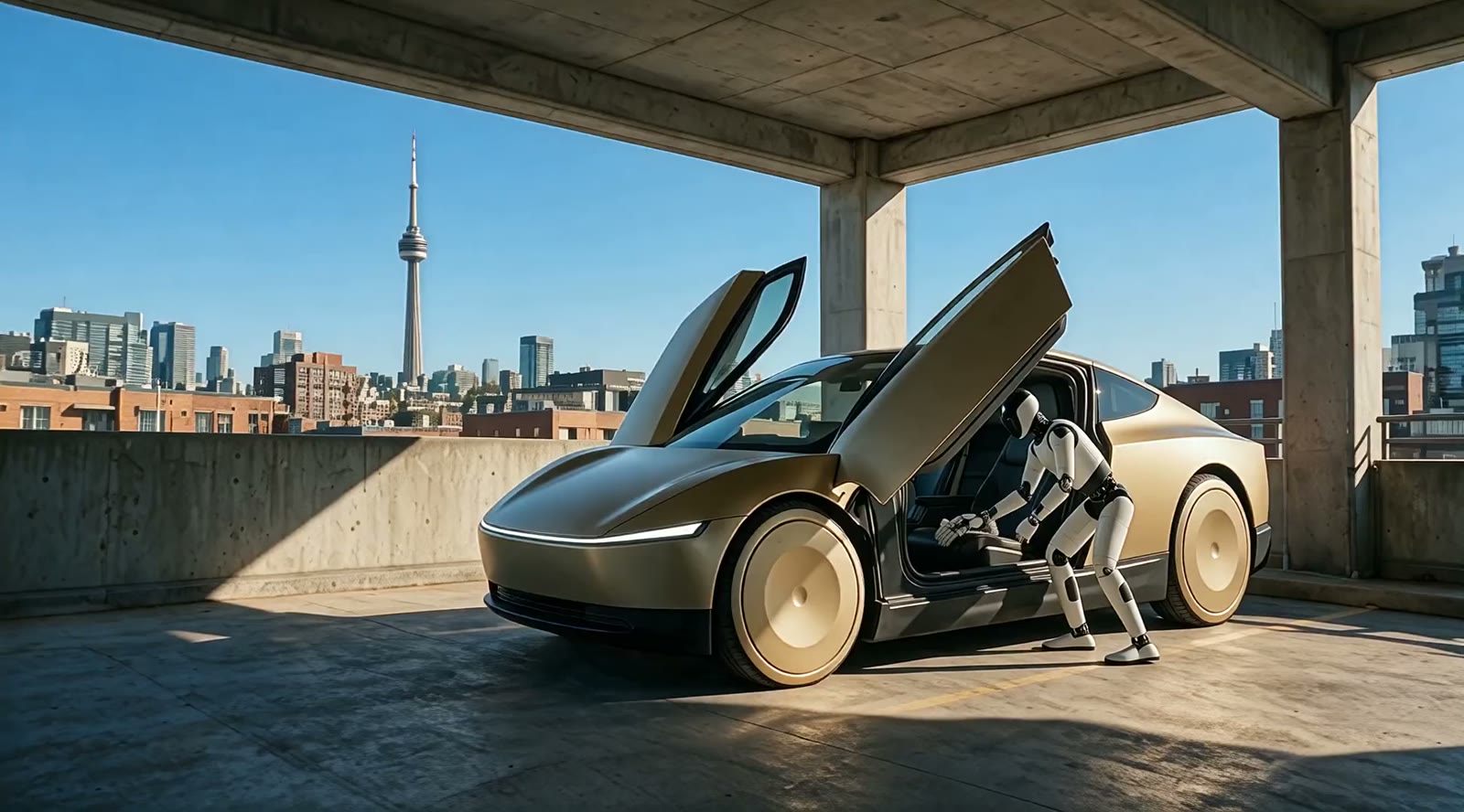On an open parkade deck, a humanoid robot leans into the Cybercab's open cabin and wipes the seat.