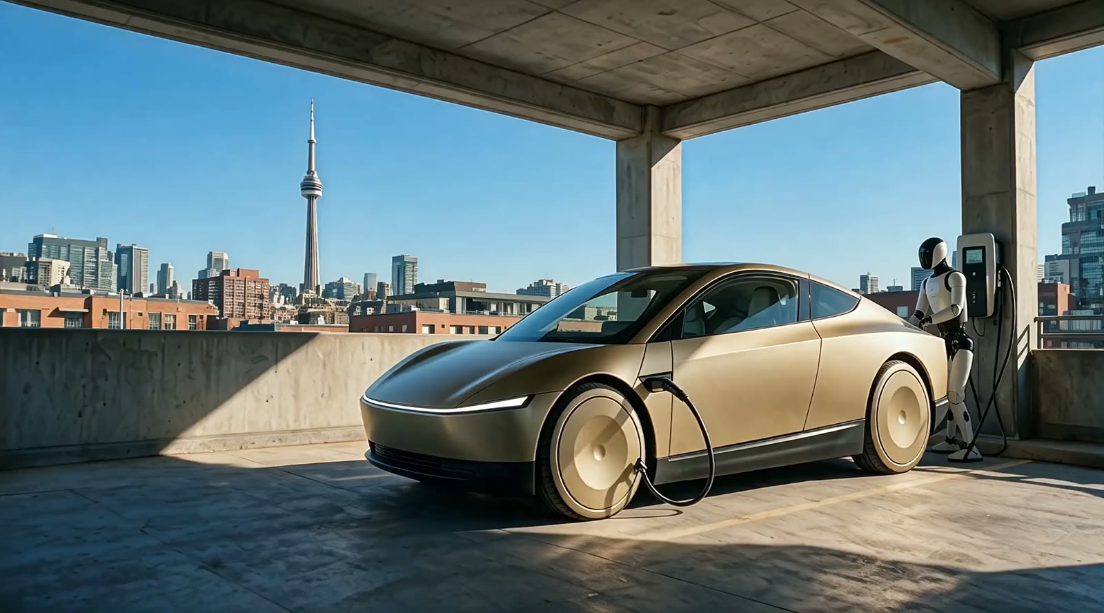 The Cybercab in its bay with a charging cable connected and a tire hose on the front wheel, the robot at the wall charger.