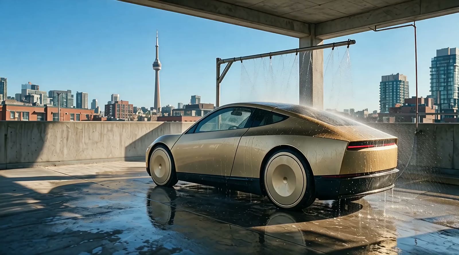 Water sheeting over the gold Cybercab under a spray boom on the parkade deck.