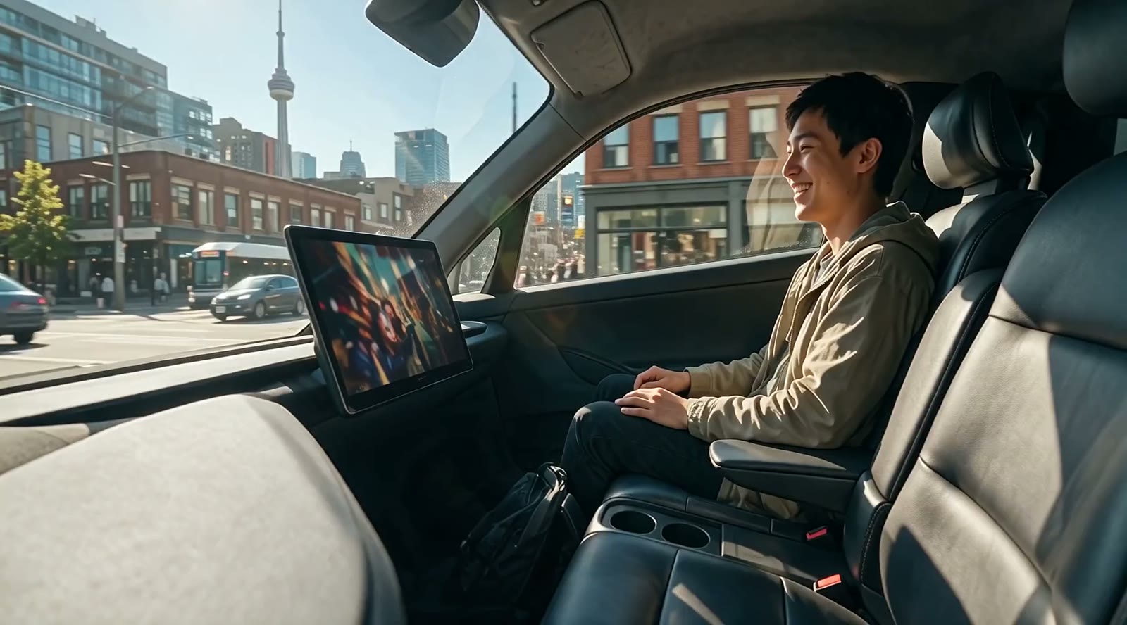 Inside the Cybercab, a young man grinning at a film on the centre screen as Toronto streams past.