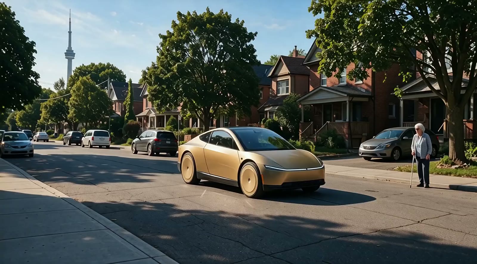 A quiet Toronto street. An elderly woman with a white cane waits at the curb as the Cybercab approaches.