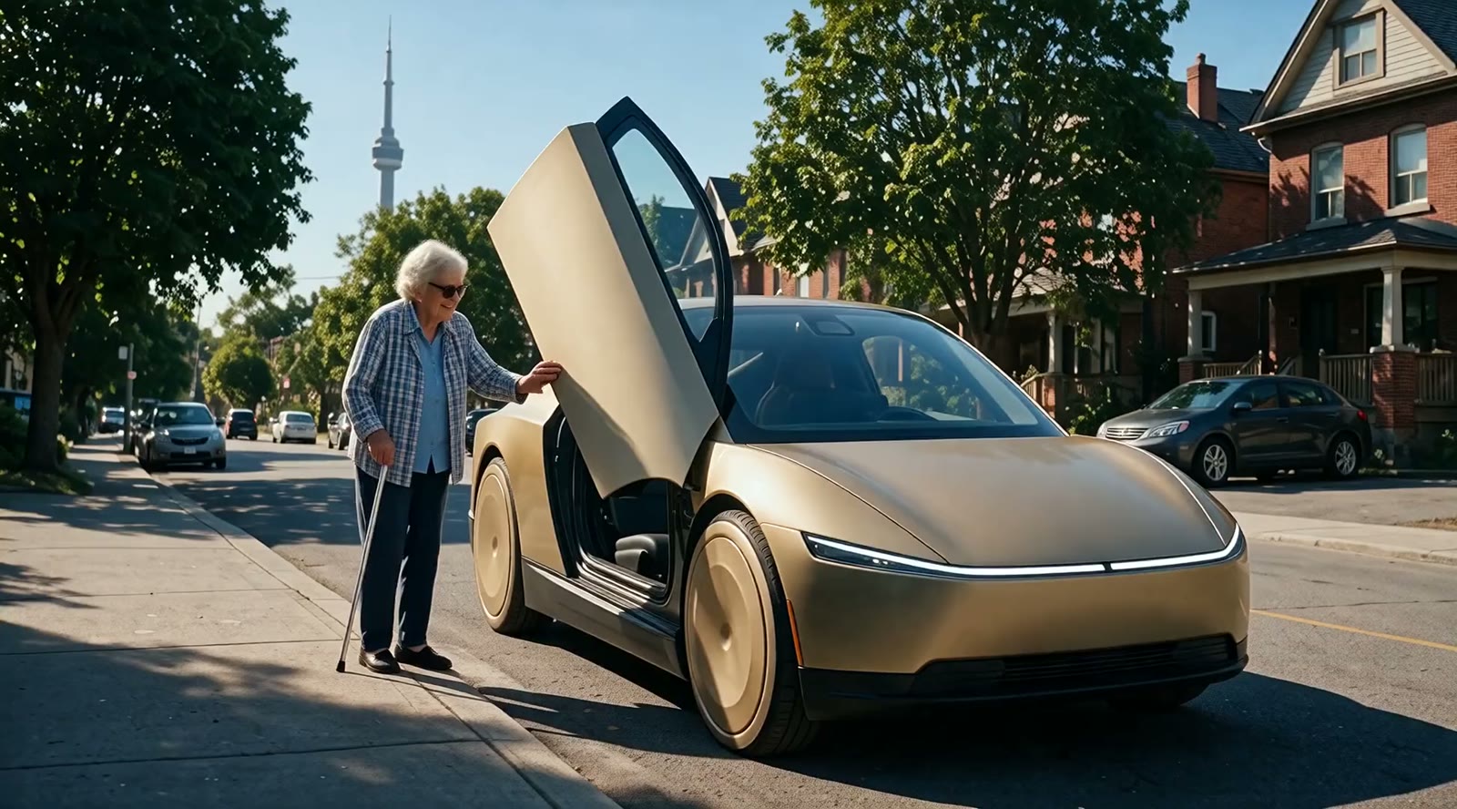 The Cybercab's door swung up at the curb, her hand resting on the door edge.