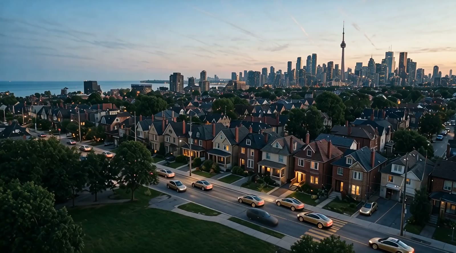 High over a Toronto block at dusk, Cybercabs on the streets, one pulling away from a lit doorway.